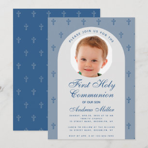 First Communion Boy Photo Dusty Blue Arch Modern Invitation