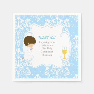 First Communion Brunette Boy Blue Damask Napkin