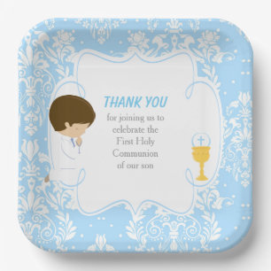 First Communion Brunette Boy Blue Damask Paper Plate
