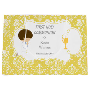 First Communion Brunette Boy Gold Damask Large Gift Bag
