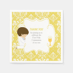 First Communion Brunette Boy Gold Damask Napkin
