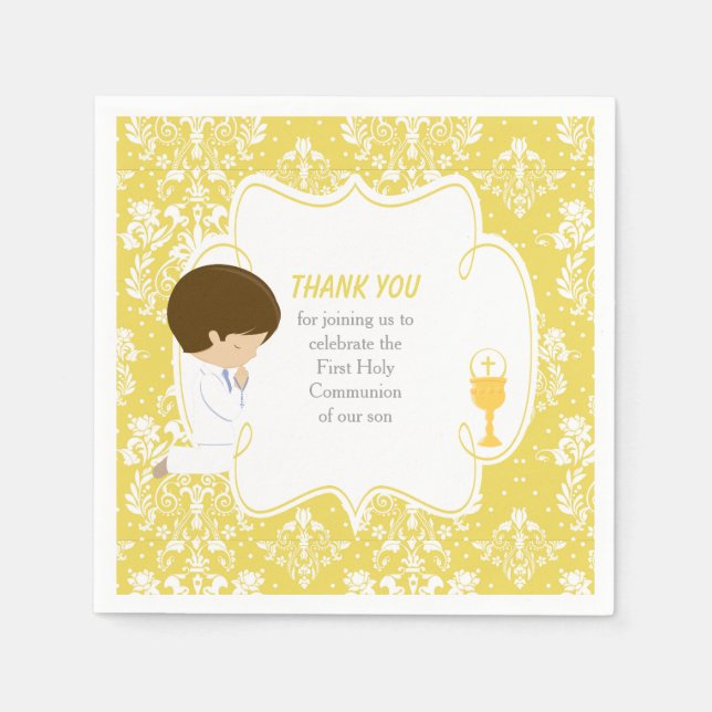 First Communion Brunette Boy Gold Damask Napkin (Front)