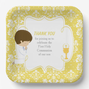 First Communion Brunette Boy Gold Damask Paper Plate