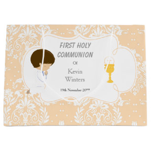 First Communion Brunette Boy Peach Damask Large Gift Bag