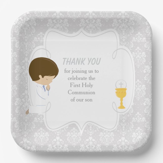 First Communion Brunette Boy Silver Damask Paper Plate (Front)