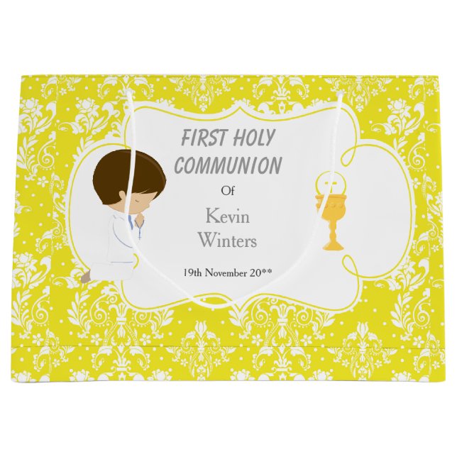 First Communion Brunette Boy Yellow Damask Large Gift Bag (Front)