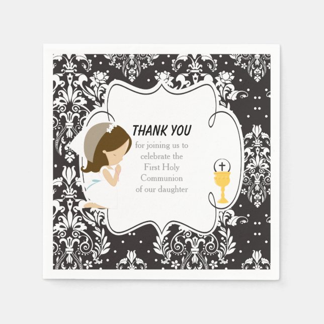 First Communion Brunette Girl Black Damask Napkin (Front)