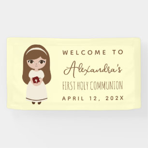 First Communion Brunette Girl Brown Hair Welcome  Banner