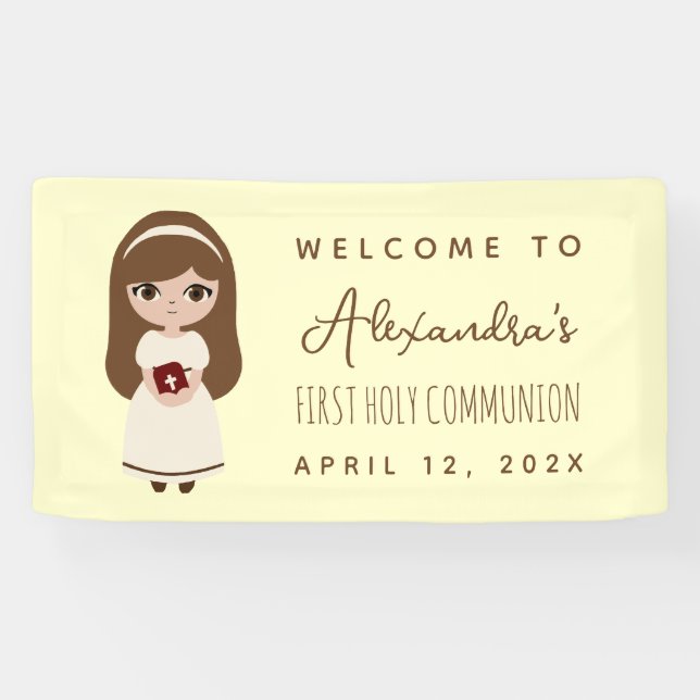 First Communion Brunette Girl Brown Hair Welcome  Banner (Horizontal)