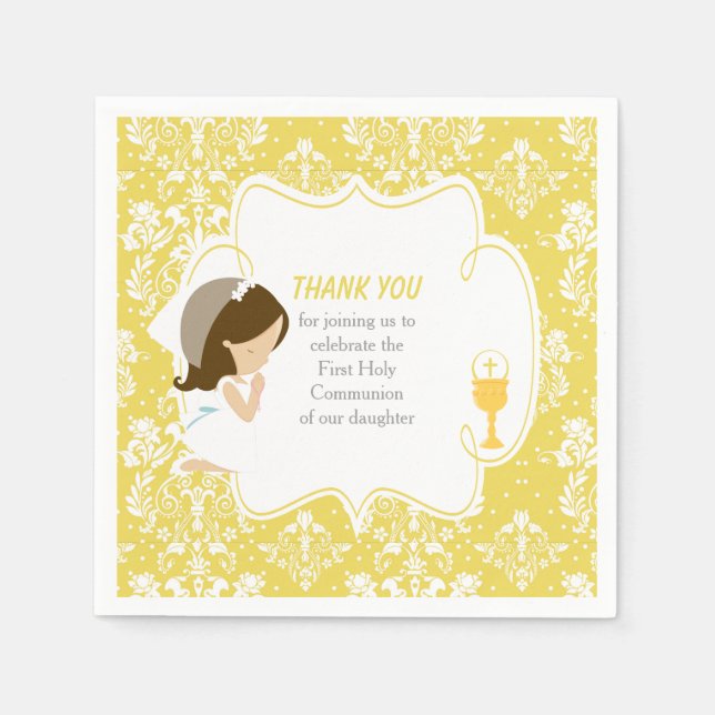 First Communion Brunette Girl Gold Damask Napkin (Front)