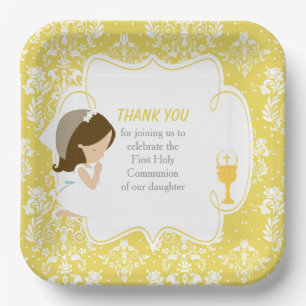 First Communion Brunette Girl Gold Damask Paper Plate