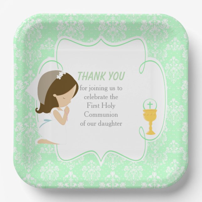 First Communion Brunette Girl Green Damask Paper Plate (Front)