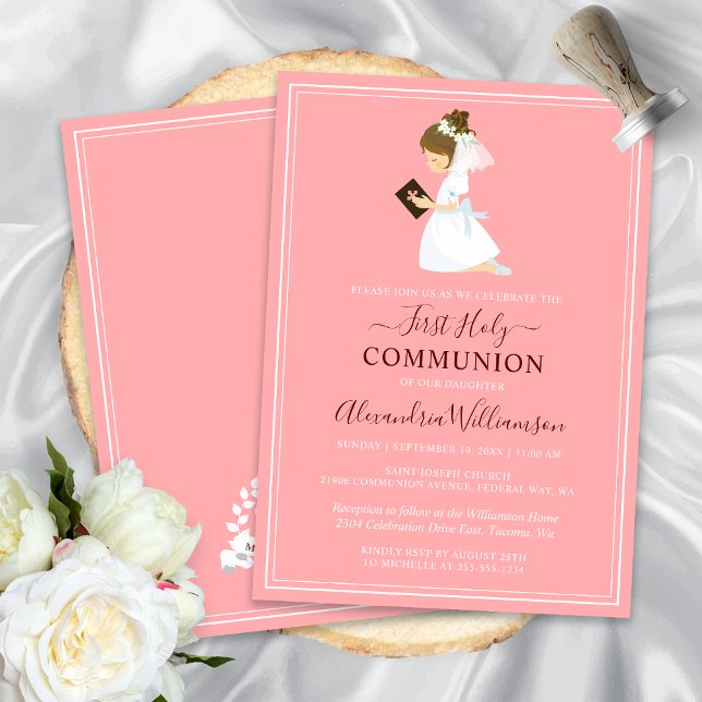First Communion Brunette Girl Peach Pink Invitation (First Communion Brunette Girl Peach Pink Invitation)