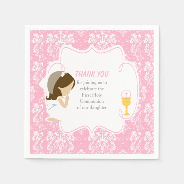 First Communion Brunette Girl Pink Damask Napkin (Front)
