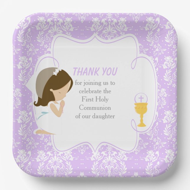 First Communion Brunette Girl Purple Damask Paper Plate (Front)