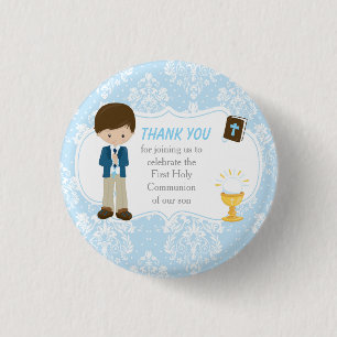 First Communion Brunette Hair Boy Thank You 1 Inch Round Button