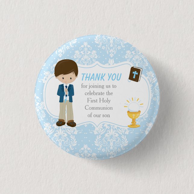 First Communion Brunette Hair Boy Thank You 1 Inch Round Button (Front)