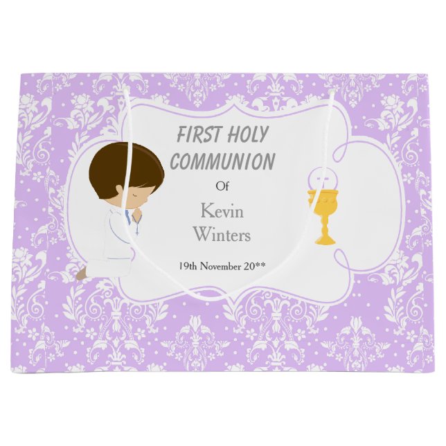 First Communion Brunette Hair Boy Thank You Large Gift Bag (Front)