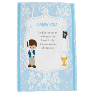 First Communion Brunette Hair Boy Thank You Medium Gift Bag