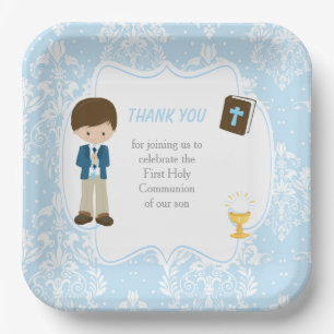 First Communion Brunette Hair Boy Thank You Paper Plate