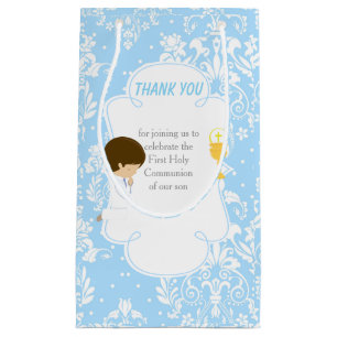 First Communion Brunette Hair Boy Thank You Small Gift Bag