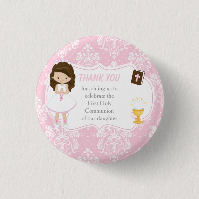 First Communion Brunette Hair Girl Thank You 1 Inch Round Button (Front)