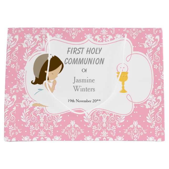 First Communion Brunette Hair Girl Thank You Large Gift Bag (Front)