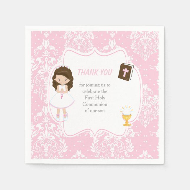 First Communion Brunette Hair Girl Thank You Napkin (Front)