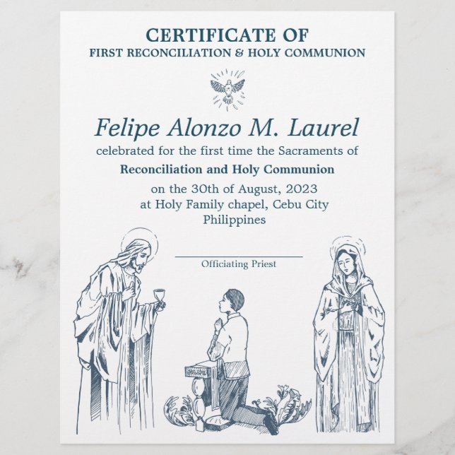 First Communion Certificate for boys Letterhead (Front)