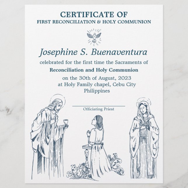 First Communion Certificate for girls Letterhead (Front)