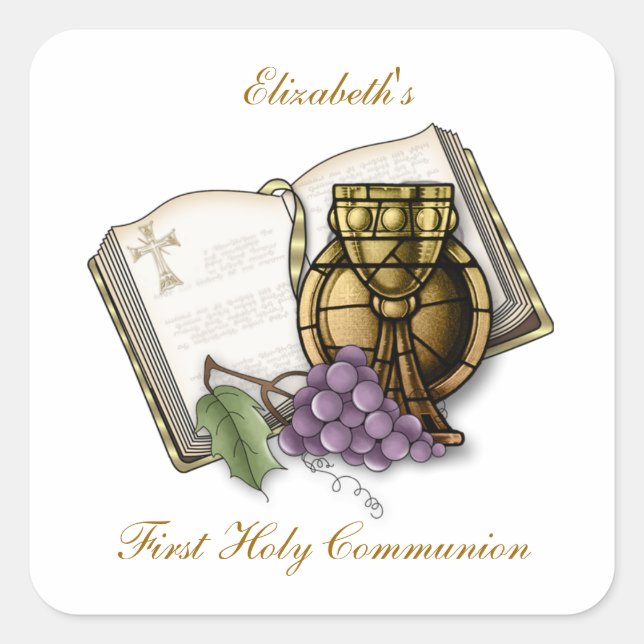 First Communion Chalice, Bible, Grapes Square Sticker (Front)