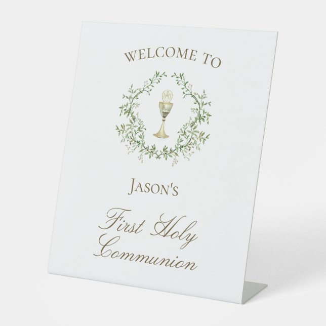 First Communion chalice crest greenery Pedestal Sign (Front)