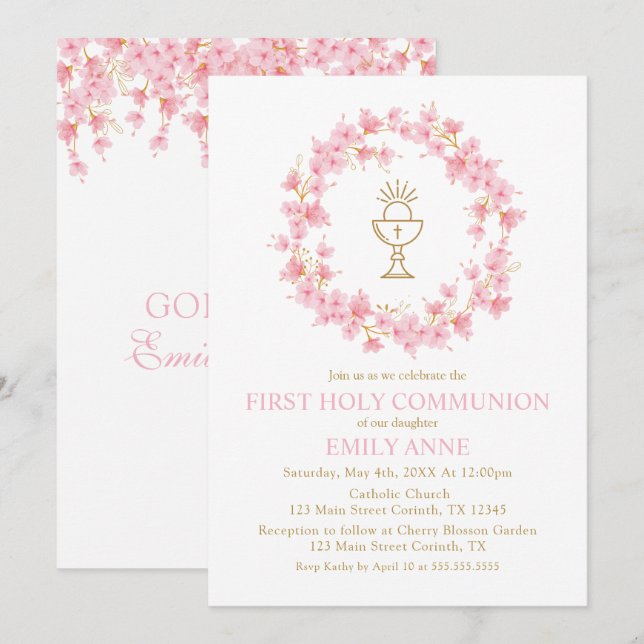 First Communion Cherry Blossom floral Invitation  (Devant / Derrière)