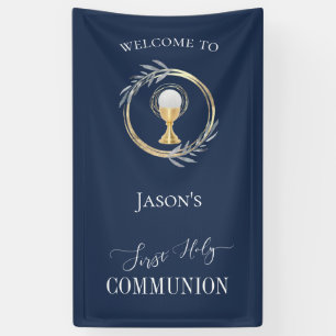 First Communion classic blue and faux gold circle Banner