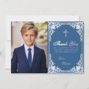 First Communion Classic Blue Boy Photo Vintage Thank You Card