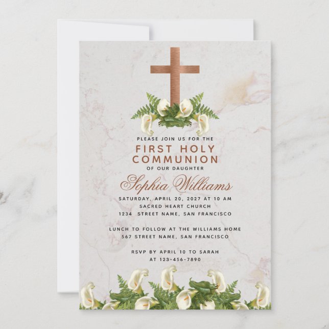 First Communion Copper Cross Calla Lilies Marble Invitation (Front)