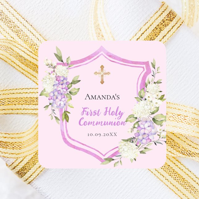 First Communion crest pink flowers Square Sticker (Creator Uploaded)
