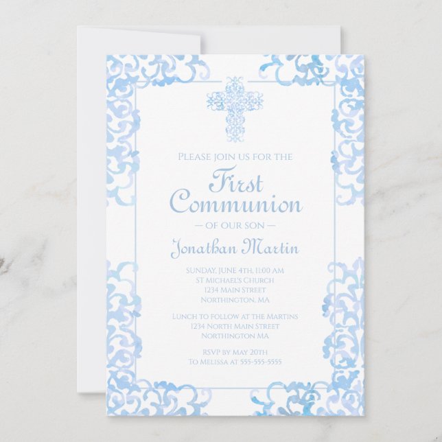 First Communion Cross Blue Damask Christian Boy Invitation (Front)