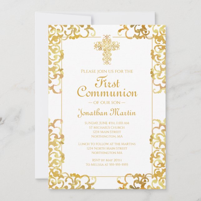 First Communion Cross Gold Damask Christian Boy Invitation (Front)