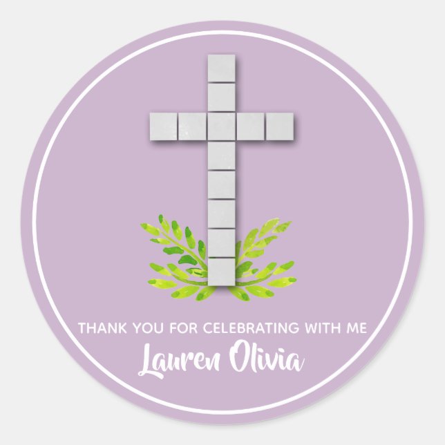 First Communion Cross on Lavender Classic Round Sticker (Front)