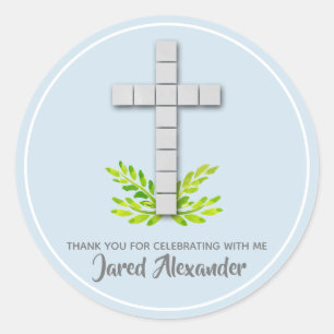 First Communion Cross on Pale Blue Classic Round Sticker