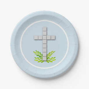 First Communion Cross on Pale Blue Paper Plate