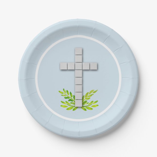 First Communion Cross on Pale Blue Paper Plate (Front)
