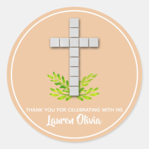 First Communion Cross on Peach Classic Round Sticker