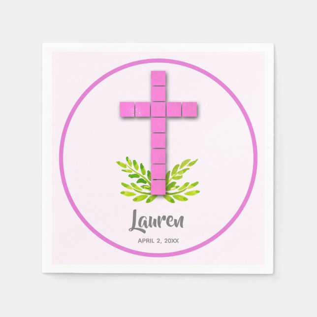 First Communion Cross on Pink Napkin (Front)