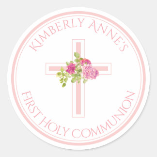 First Communion Cross Pink Roses Monogrammed Name Classic Round Sticker