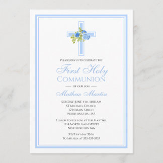 First Communion Cross with Blue Roses Christian Invitation
