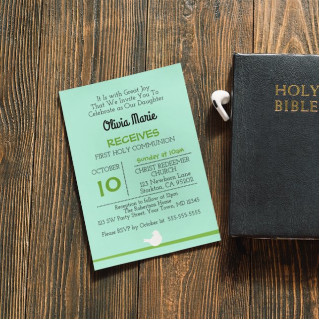 First Communion Dove on Branch Blue Invitation (Creator Uploaded)