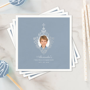 First Communion Dusty Blue Elegant Boy Photo Napkin