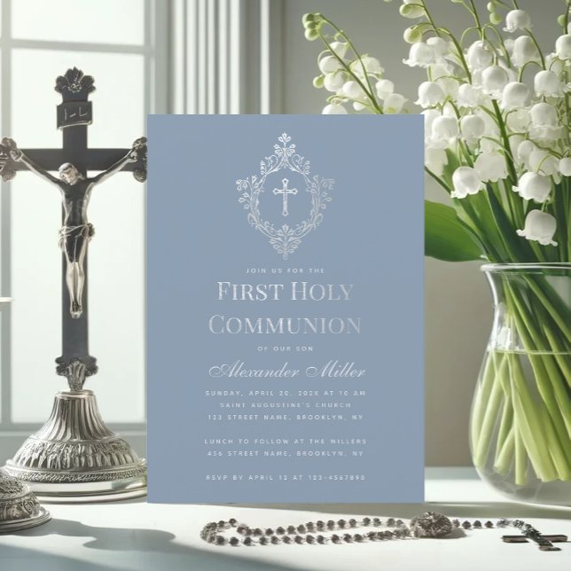 First Communion Dusty Blue Elegant Crest Cross Boy Invitation (Creator Uploaded)